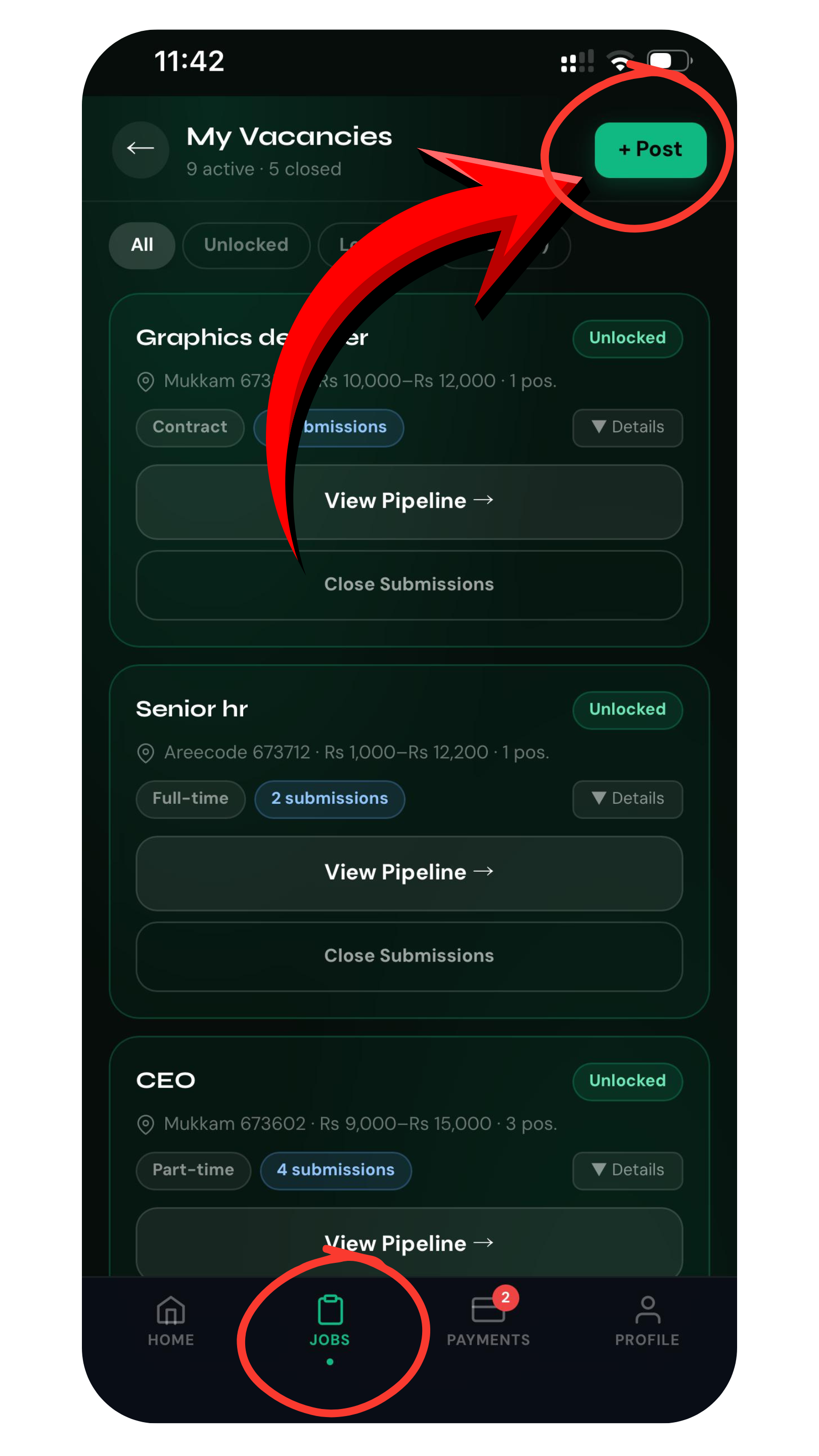 Tap + Post to create a vacancy