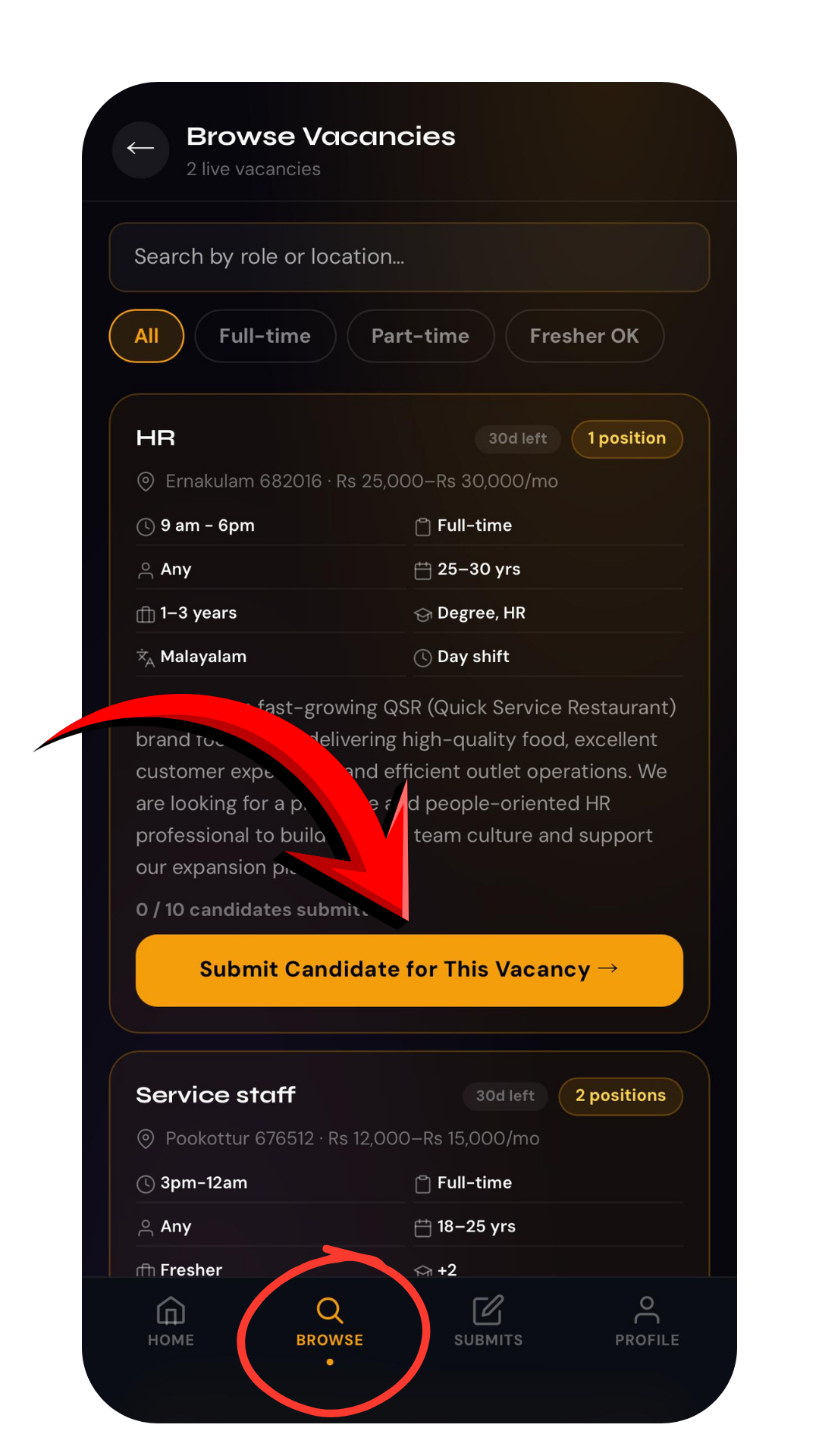 Submit Candidate button on a vacancy