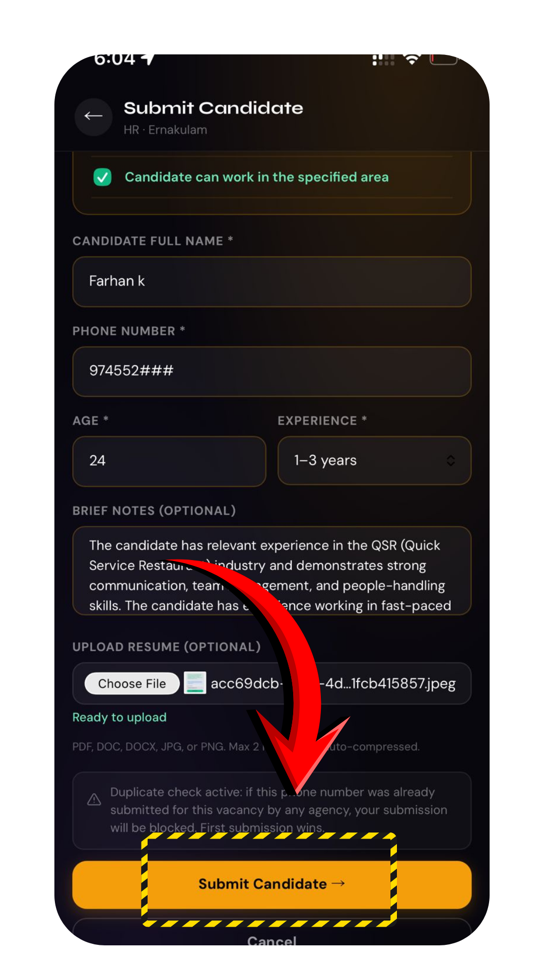 Candidate submission form