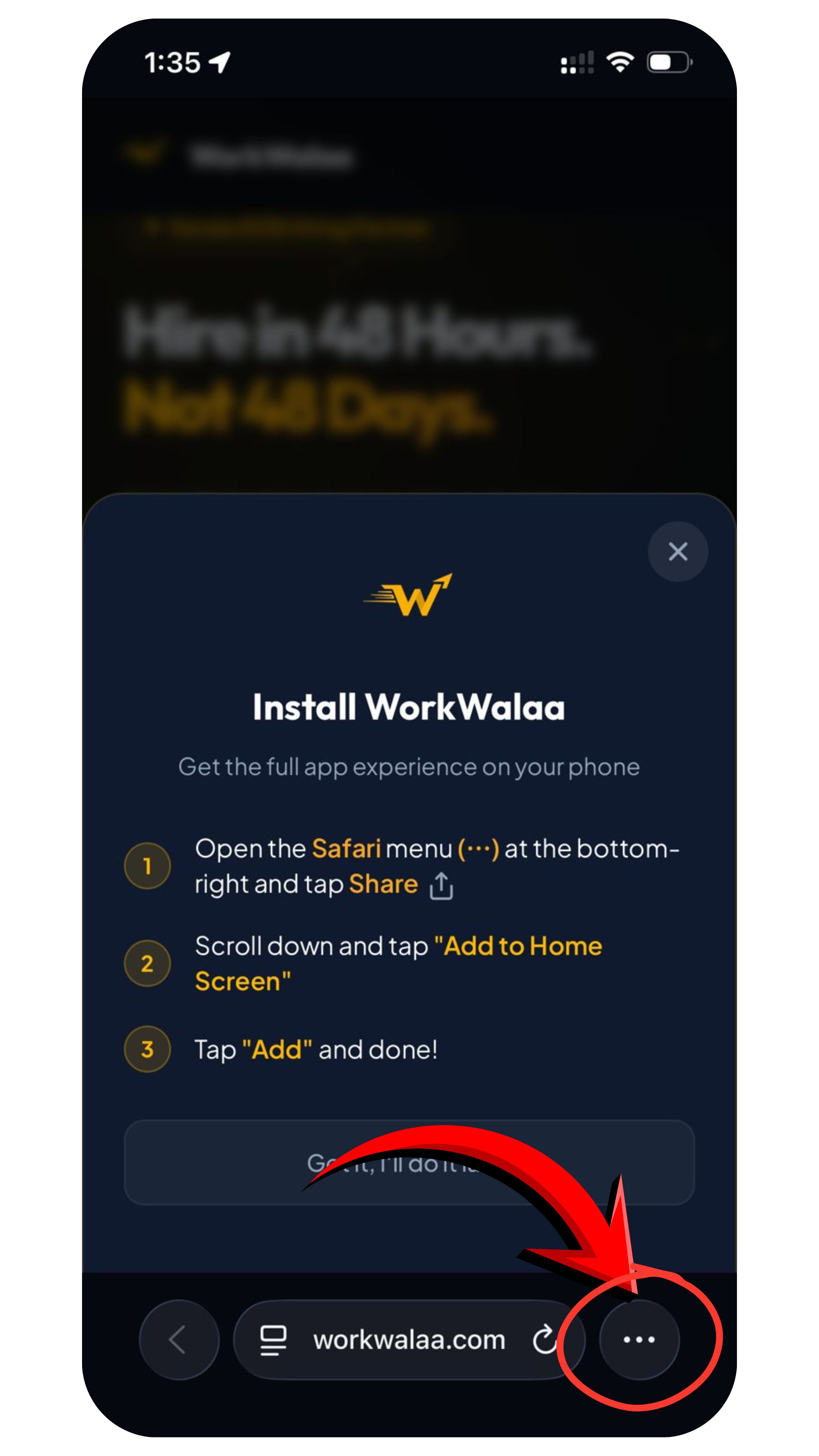 Download App button and install popup